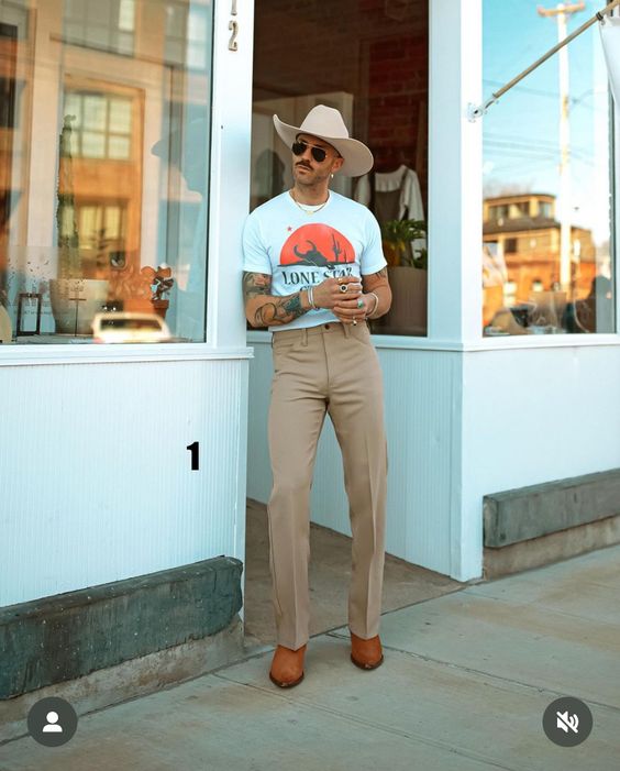 Graphic Tee with High-Waisted Trousers and Cowboy Hat